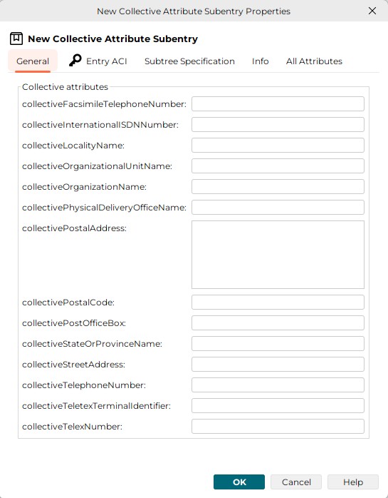 Example of a new collectice attribute subentry dialog box. The example displays the General Tab. The general tab displays collective attributes