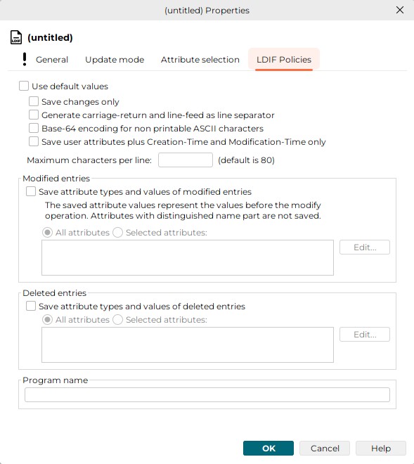Specify additional settings of an LDIF agreement. Check the Use default values check-box to use default values or specify your own settings according the rules described below. Press the OK button in the bottom line to save the values