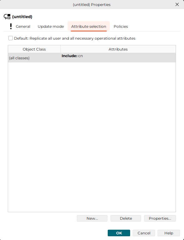Check the Deafult check-box to replicate all user and all necessary operational attributes. Press the New button below the attribute list to specify an attribute