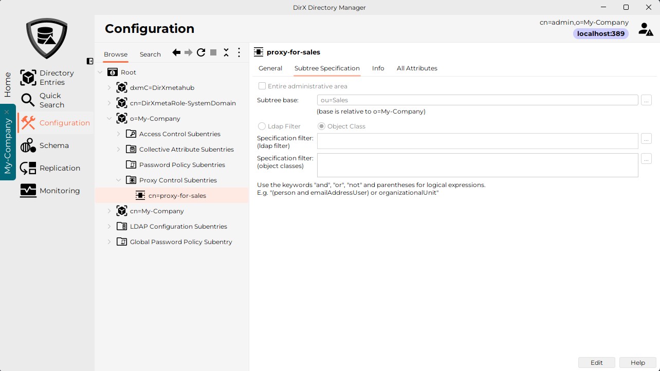 Illustrates how the permission of the proxyAuthorization Control can be restricted. The Subtree Specification Tab displays the subtree base value ou=Sales.