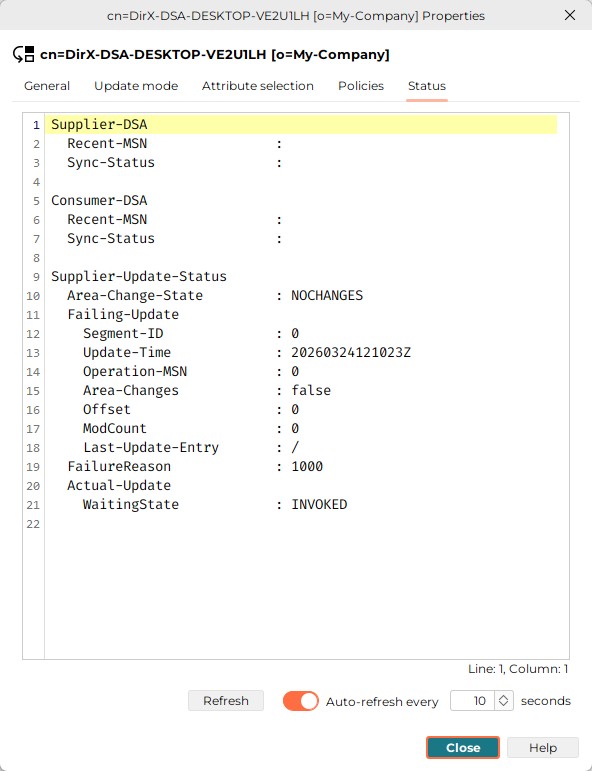 Displays the Supplier update status. Press the Refresh button below the status field to refresh the status or check the auto-refresh every check-box to specify a refresh interval. The default interval is 10 seconds. You can increase the interval by pressing the arrow-up button or decrease the interval by pressing the arrow-down button. Press the Close button in the bottom line to close the window or the Help button to display help information.