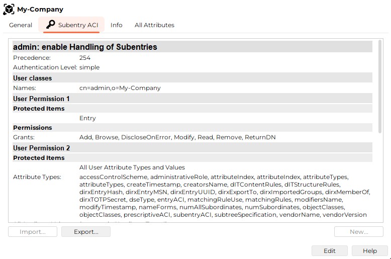 My-Company’s Subentry ACI tab with admin: enable Handling of Subentries. Press the Export button below the subentry ACI values to export the subentry ACI