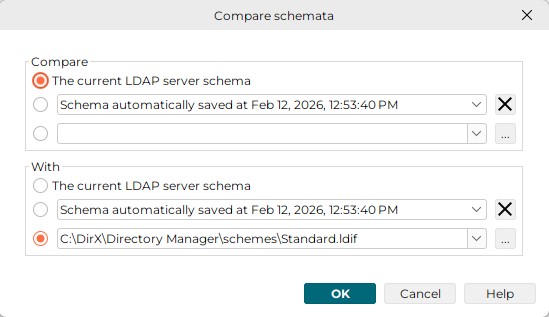 Displays input options for comparing two schematas. There is a Compare and a With section. The options in both sections are the same. Check one of the three radio buttons: the current LDAP server schema