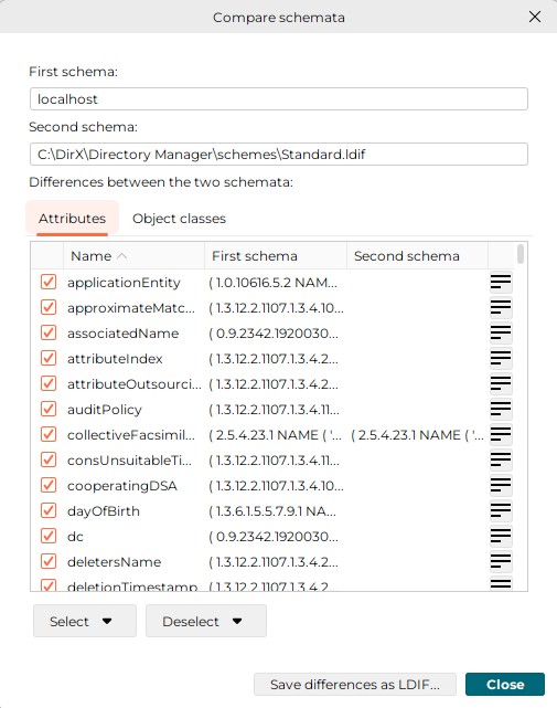 Displays result of the compare schema operation. At the top there are the fields First schema