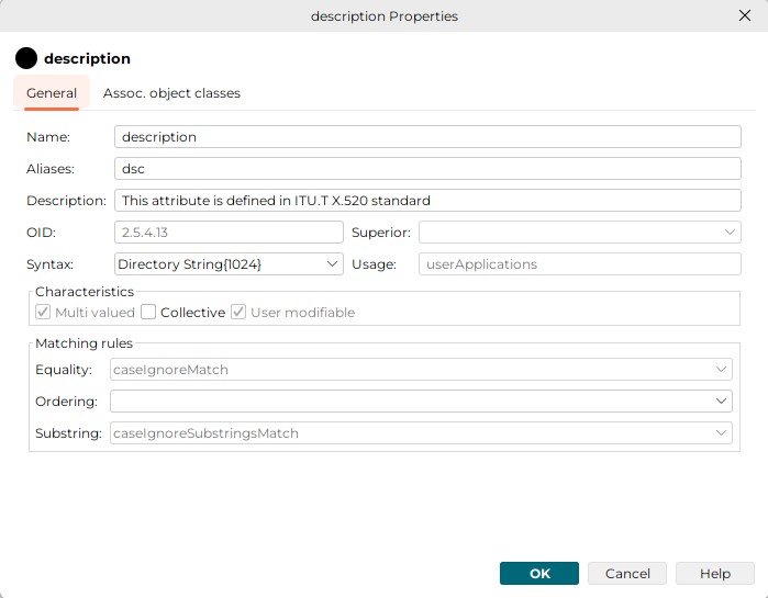 Displays the properties of the attribute description. There are the tabs General and Associated object classes. Here the General tab is displayed. The values are as follows: Name description