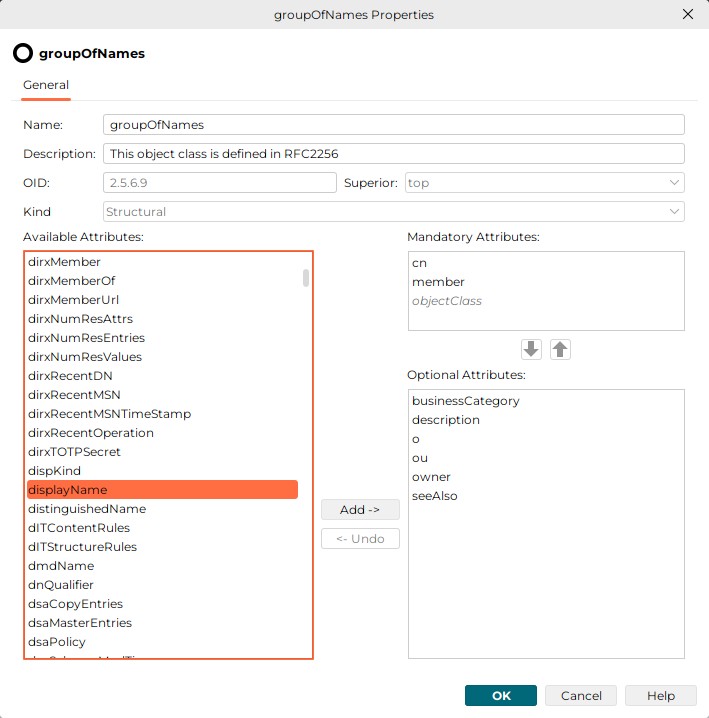 Displays the properties of the object class grougOfNames. The values are as follows: Name groupOfNames