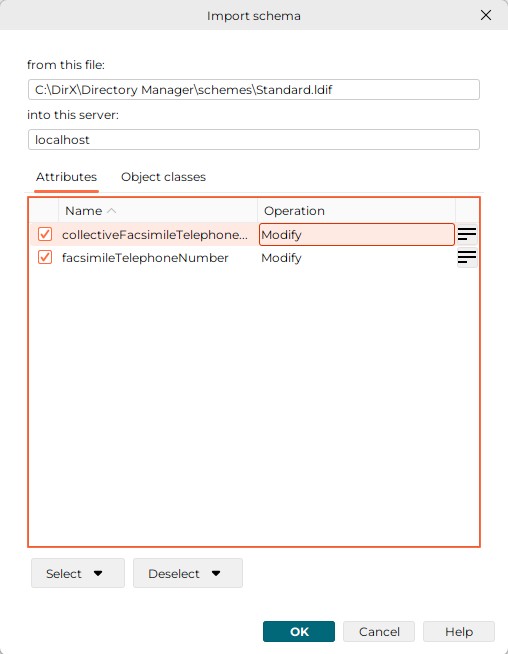 Displays the fields from this file and into this server. Below these fields the Tabs Attributes and Object Classes are displayed. Here the Attributes Tab is selected. It displays a list of attributes in tabular format. Each row starts with a check box and ends with a View button. The other columns are Name and Operation. The list starts with the attribute associatedName. All check boxes are checked and the Operation for all attributes is Modify. There is a scroll bar on the right side of the list to scroll up and down. Press on the View button to display the display the details for the attribute. Below the list there are the buttons Select and Deselect. Press the OK button to start the operation