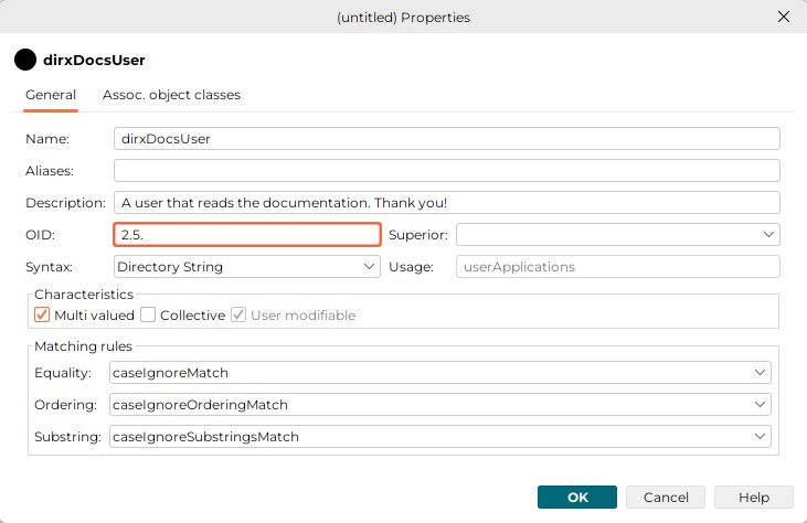 Provides the tabs General and Associated Object Classes. The initial exclamation mark of the tab title General indicates that this tab contains mandatory fields. Here the General tab is displayed. Mandatory fields are Name
