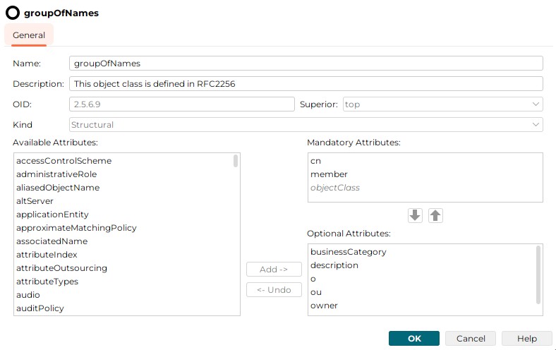 Displays the properties of the object class grougOfNames. The values are as follows: Name groupOfNames