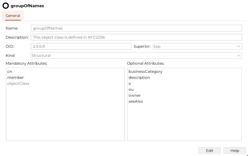 Displays the properties of the object class grougOfNames. The values are as follows: Name groupOfNames