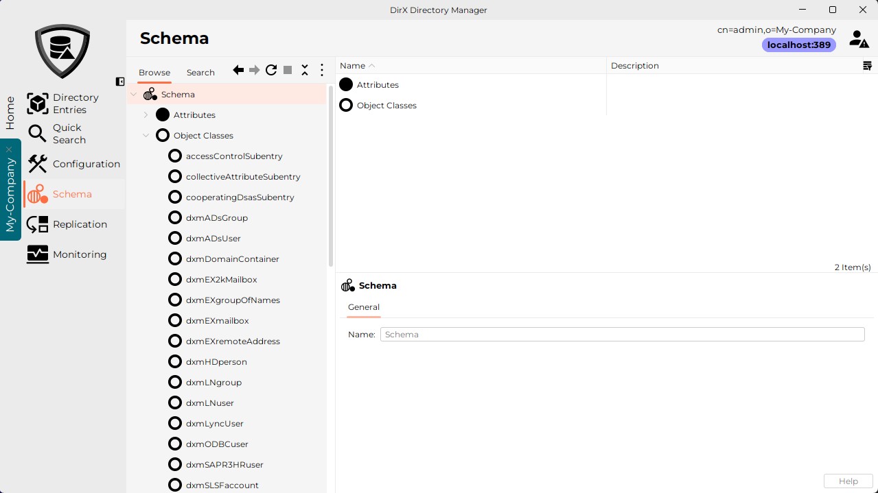 Displays the schema in tree format. The root Schema has two sub nodes: Attributes and Object Classes. Here the Object Classes node is expanded and displays the object classes accessControlSubentry