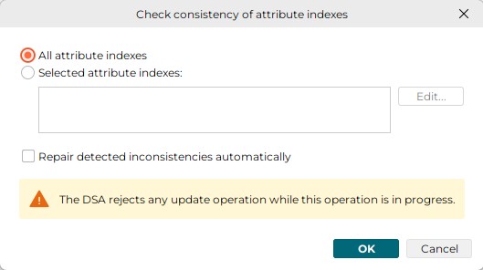 In the check consistency of attribute indexes dialog box