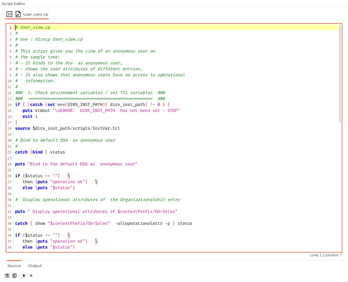 Opens an editor for text files. Here the source of InitVar.tcl script is displayed. There is the source tab and the output tab. Below the tabs there are the buttons save