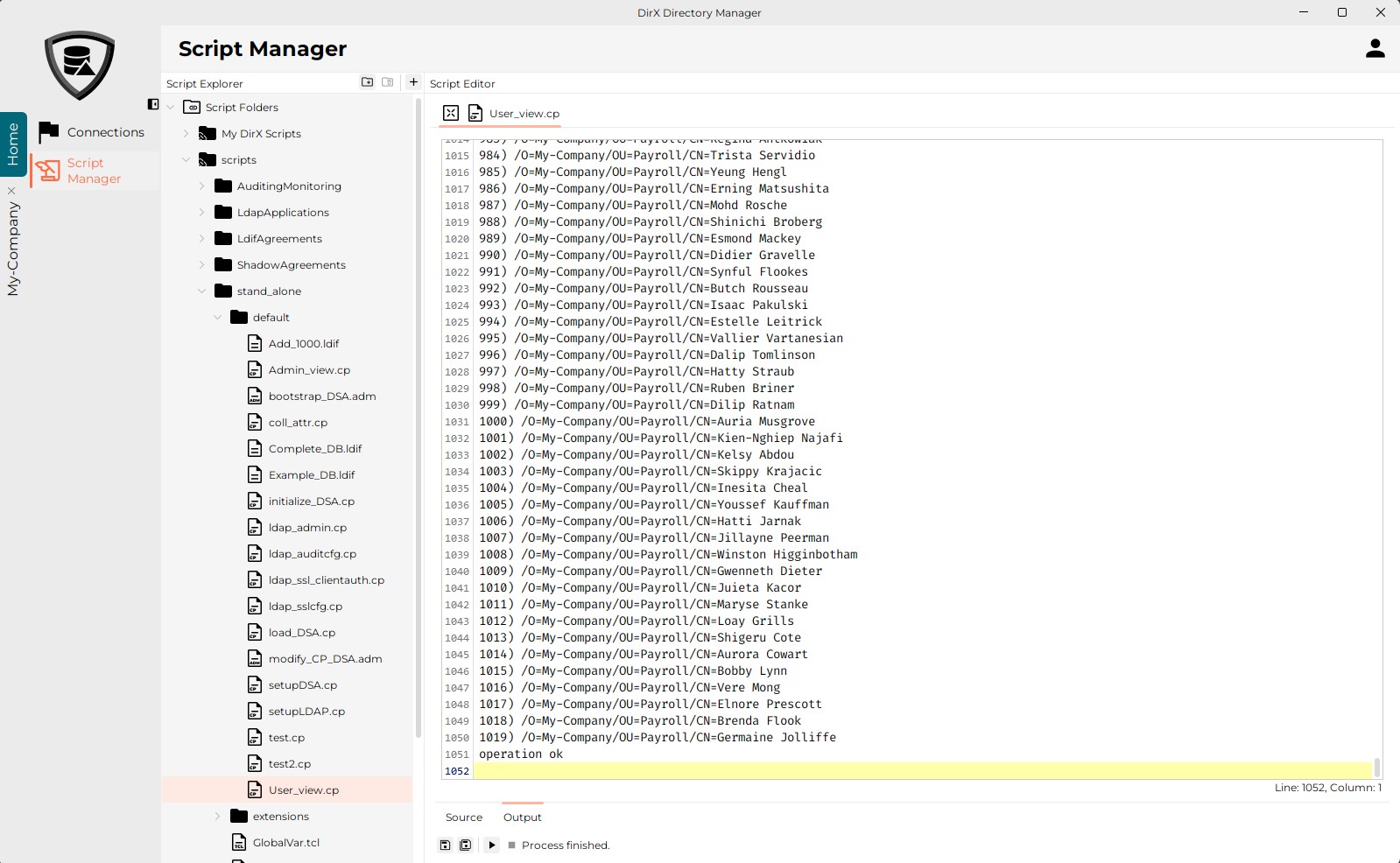 Displays the DirX Directory Manager Main Window. The Script Manager View is selected and displayed in the Views bar. On the left side of the Views bar there is a Script Explorer displaying the Scripts Folders tree. The script User_view.cp is selected in the tree.