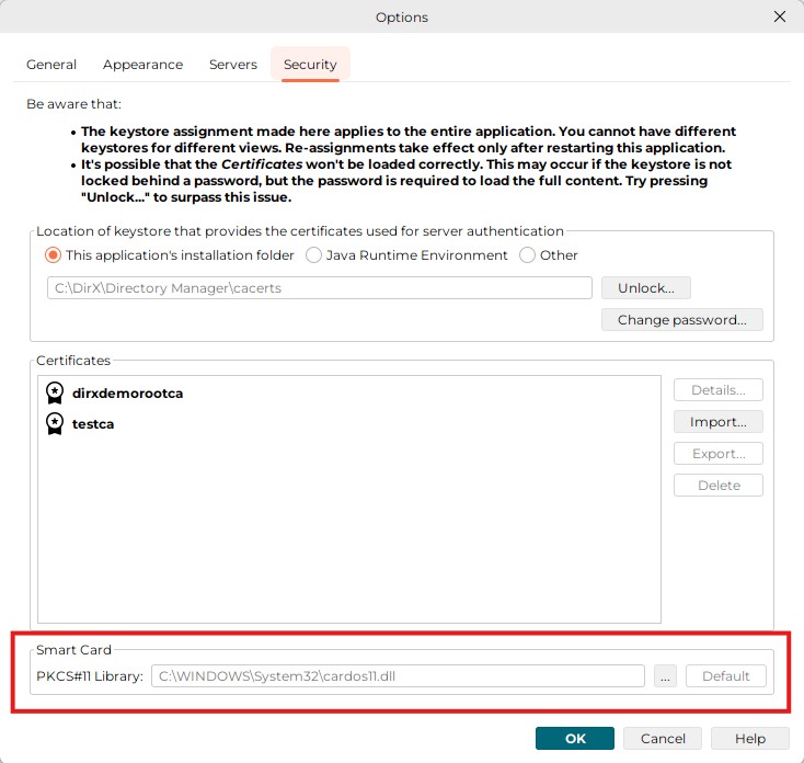 Specify the path of the PKCS#11 library in the input field at the bottom of the Options Security Tab. By default it is C:++\++Windows++\++System32++\++cardsos11.dll. Press the button on the right side of the input field to browse to the library or the default button to specify the default value. Press the OK button to save the value.