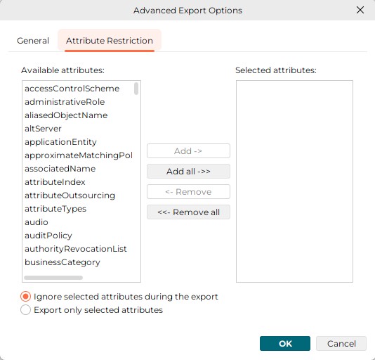 dialog export advanced settings attribute restriction