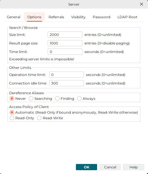 dialog server tab options