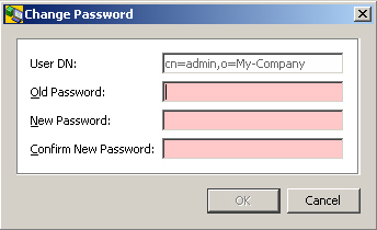 The Change Password Dialog Box provides fields User DN