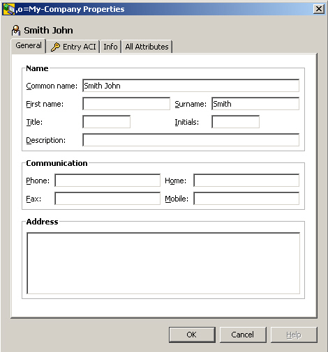 The General Tab of the inetOrgPerson Dialog Box consists of three sections: Name