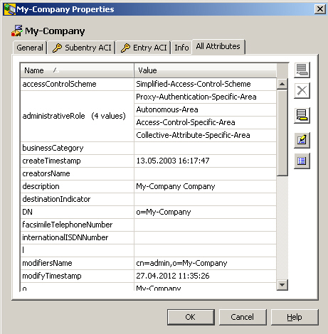 The All Attributes Tab displays My-Company’s attributes and their values in tabular format. There is a scroll bar on the right side of the table. In the right upper corner there are buttons for inserting a new value
