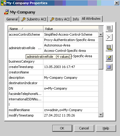 The All Attributes Tab displays My-Company’s attributes and their values in tabular format. There is a scroll bar on the right side of the table. In the right upper corner there are buttons for inserting a new value