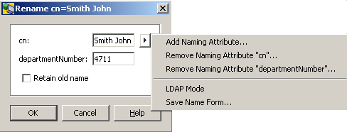 Displays the rename dialog for cn=Smith John. The naming attributes cn Smith John and departmentNumber 4711 are displayed. Below the naming attributes the check box Retain old name is displayed. After pressing the right arrow button on the right side of the cn field a menu with the following operations appears: Add Naming Attribute
