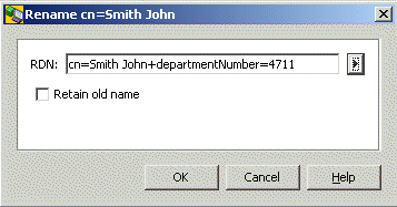 Displays the rename dialog for cn=Smith John. There is just one field RDN that displays Smith John’s RDN in LDAP notation: cn=Smith John+departmentNumber=4711. Below the RDN field the check box Retain old name is displayed. Press the right arrow button on the right side of the rdn field to display a menu that provides an operation to switch to the rename dialog above. Press the OK button to start the operation