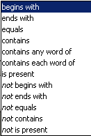 Displays a list of filter types: begins with