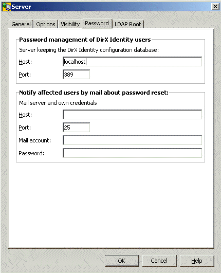 Displays the sections Password management of DirX Identity users with the values localhost for Host and 389 for Port; and Notify affected users by mail about password reset with the value 25 for Port. Press the OK button to start the operation