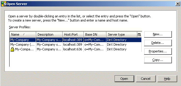 The Open Server Dialog displays a list of server profiles