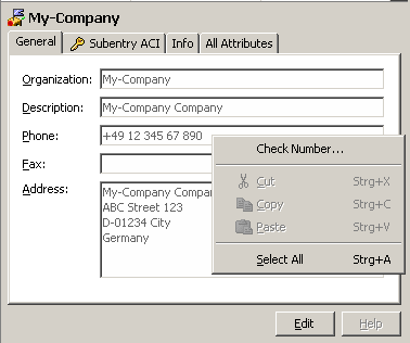 Displays My-Company’s General Tab with the text fields Organization