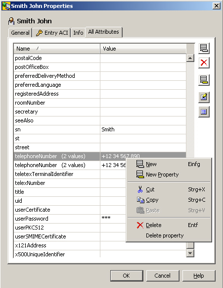 The All Attributes Tab of the Properties dialog box displays the attributes and teir values in tabular format. Here the attributes of John Smith are displayed. There is a scroll bar on the right side of the table. In the right upper corner there are buttons for adding a new value