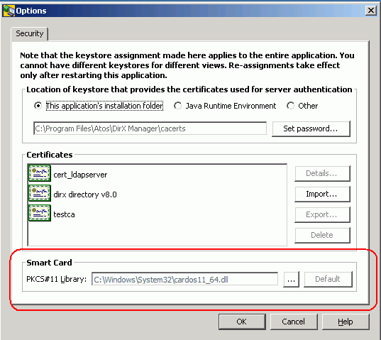 Specify the path of the PKCS#11 library in the input field at the bottom of the Options Security Tab. By default it is C:++\++Windows++\++System++\++cardsos11++_++64.dll. Press the dotdotdot button on the right side of the input field to browse to the library or the default button to specify the default value. Press the OK button to save the value.
