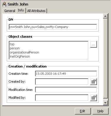 Displays Smith John Info Tab. The sections DN