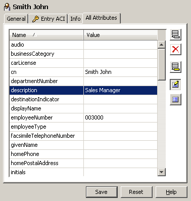 Displays John Smith’s All Attributes Tab. The dialog box displays the attributes and teir values in tabular format. There is a scroll bar on the right side of the table. In the right upper corner there are buttons for inserting a new value