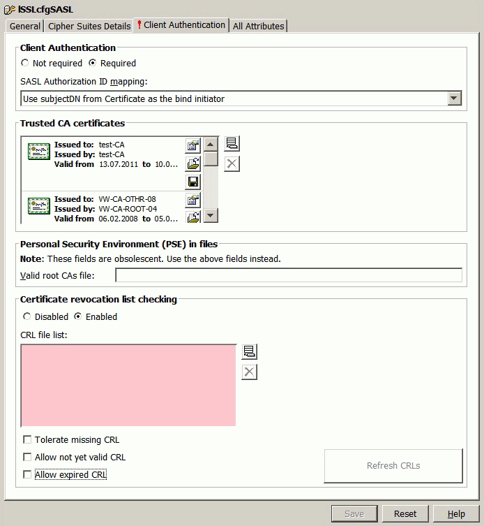 The initial exclamation mark in the title of the Client Authentication Tab indicates that the Tab contains mandatory fields. Specify the mandatory values as described above and press the save button to save the values.