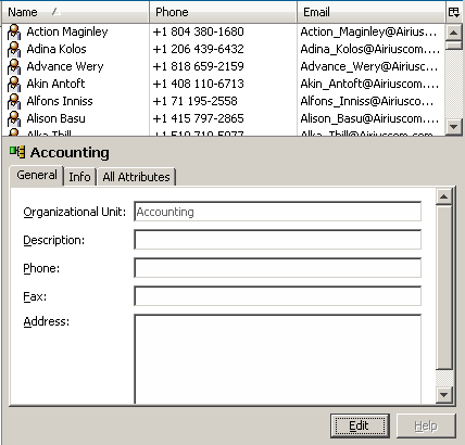 Displays a list of accounts in tabular format. For each account the Name