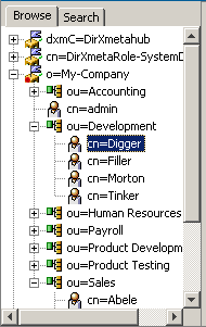 Displays two Tabs Browse and Search. The Browse Tab is selected. In the tree pane below the Tab titles a tree with the top levels dxmC=DirXmetahub