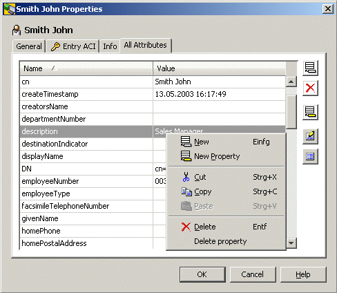 The All Attributes Tab of the Properties dialog box displays the attributes and teir values in tabular format. Here the attributes of John Smith are displayed. There is a scroll bar on the right side of the table. In the right upper corner there are buttons for inserting a new value