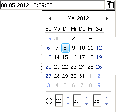 Provides an input field for editing the generalized time. Enter the value directly or press the display date time control button on the right side of the field to open a calendar widget for selecting date and time. Here 08.05.2012 12:39:38 is specified.