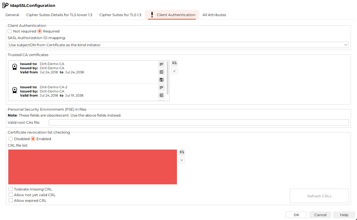 The initial exclamation mark in the title of the Client Authentication Tab indicates that the Tab contains mandatory fields. Specify the mandatory values as described above and press the save button to save the values.