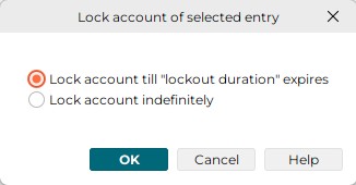 Provides the radio buttons Lock account till "lockout duration" expires and Lock account indefinitely. Lock account indefinitely is checked. You can check Lock account till "lockout duration" expires. Press the OK button to save the value