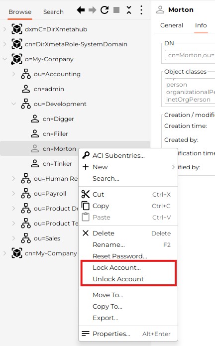 lock account menu items