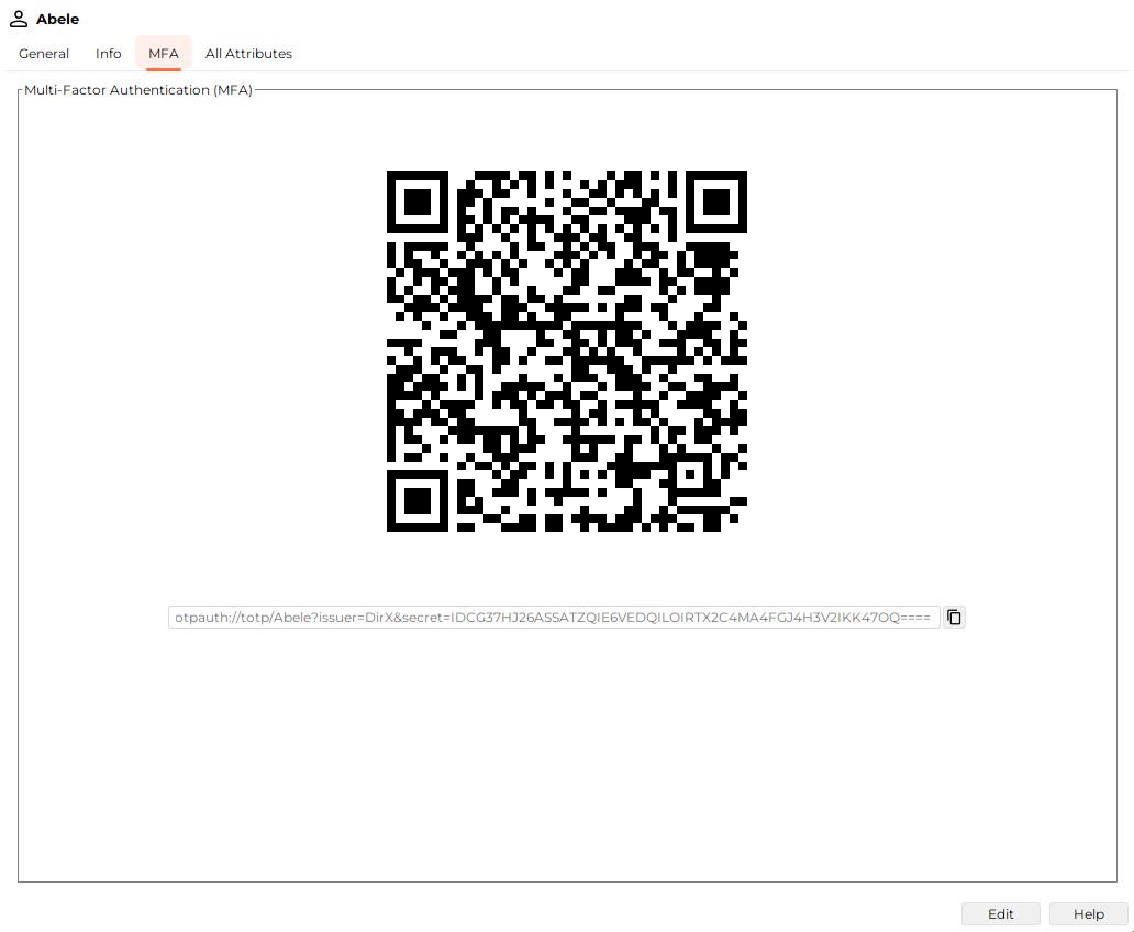The MFA tab of the properties dialog displays the TOTP secret as a QR code and in text form. The QR code can be scanned by an MFA app on a smartphone