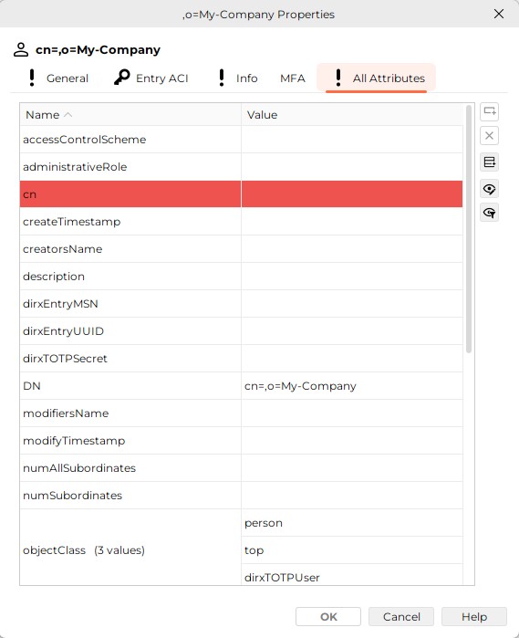 The All Attributes Tab of the Properties dialog box displays the attributes and teir values in tabular format. The objectClass attribute values person and top are already specified in a previous step. You must specify at least the mandatory attributes cn and sn. Optional attributes are description