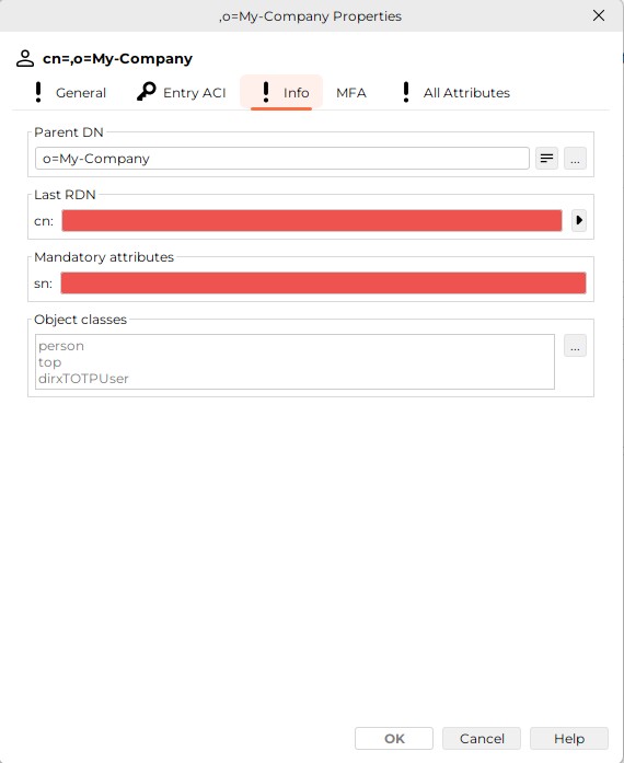 The Info Tab of the new entry displays the fields Parent DN o=My-Company