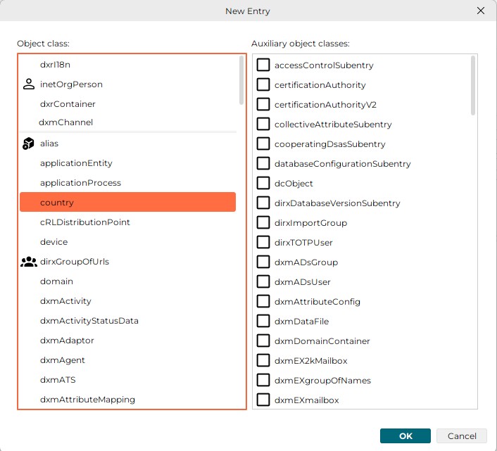 Displays the list of Object classes and Auxiliary object classes in alphabetical order. Both lists provides scroll bars on the right side to scroll up and down