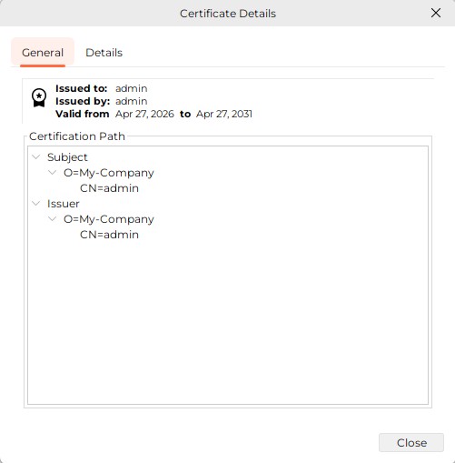 Displays the Tabs General and Details. Here the General Tab is selected. At the top of the tab an icon followed by the Issued to
