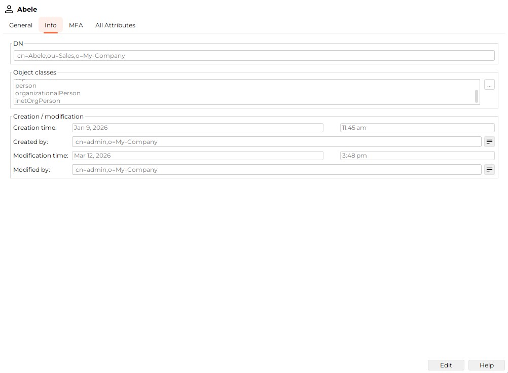 Example of the Work Area with user selected in the Directory Entries view.