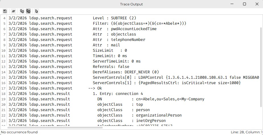 The trace output of an LDAP search request and result is displayed.